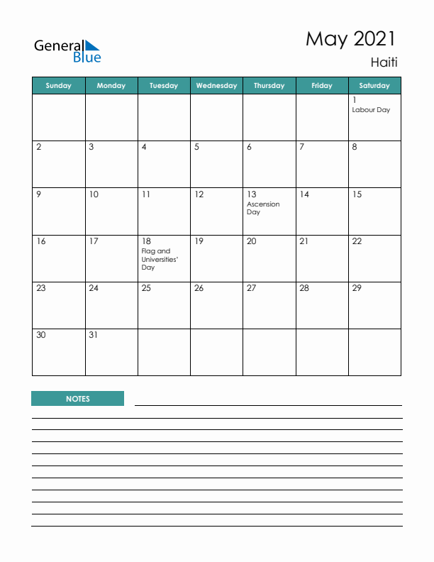 Calendar with Notes Printable - Sunday Start