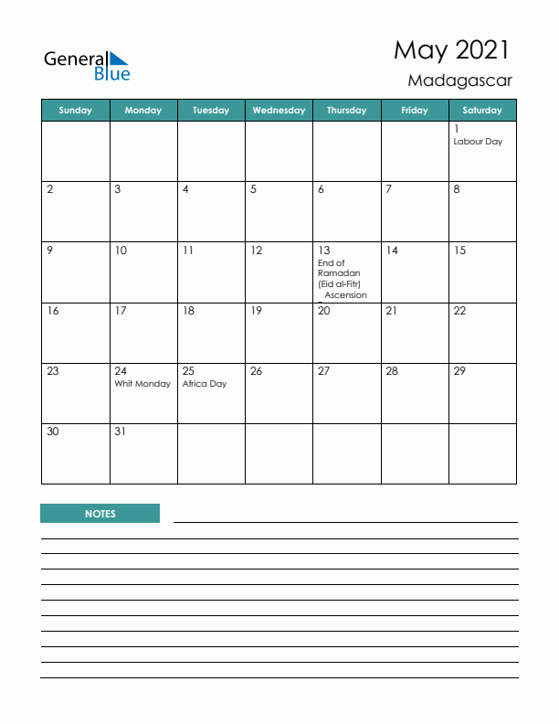 Calendar with Notes Printable - Sunday Start