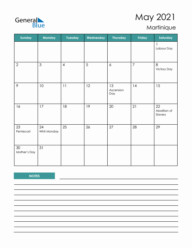 Calendar with Notes Printable - Sunday Start