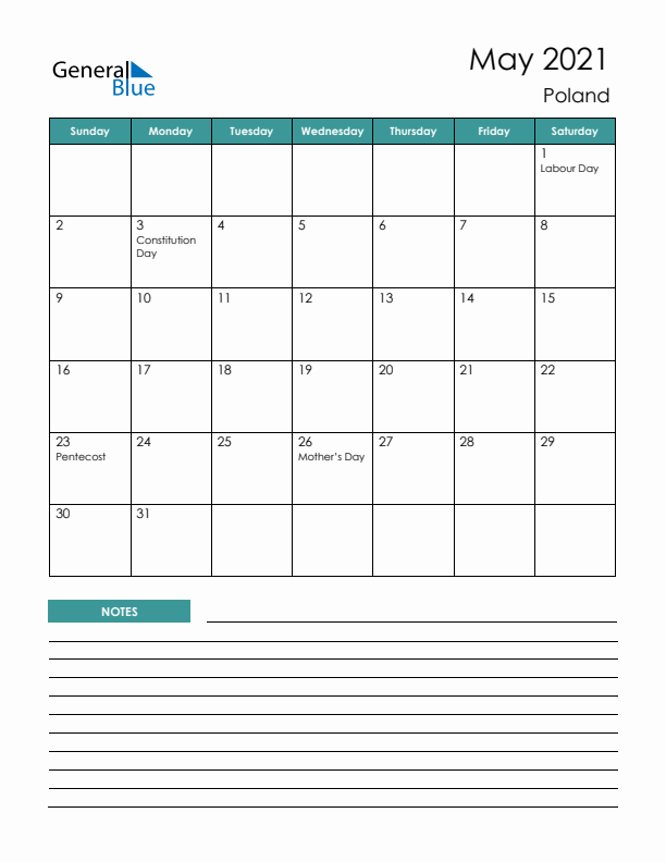 Calendar with Notes Printable - Sunday Start