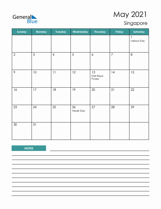 Calendar with Notes Printable - Sunday Start