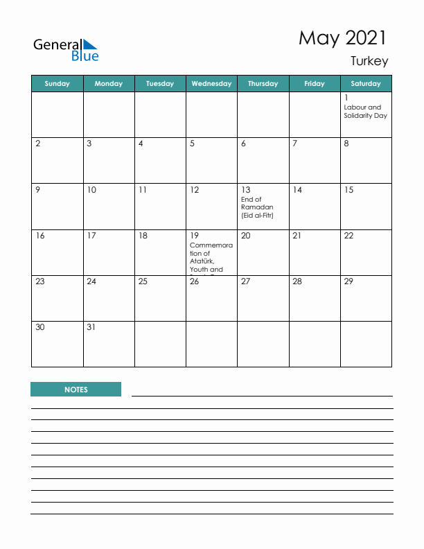 Calendar with Notes Printable - Sunday Start