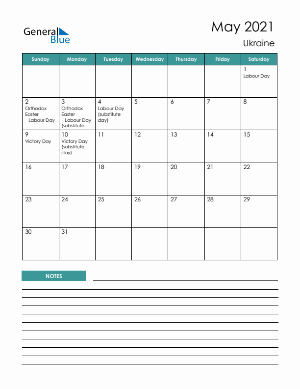 Calendar with Notes Printable - Sunday Start