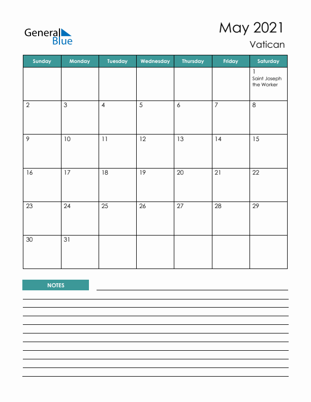 Calendar with Notes Printable - Sunday Start