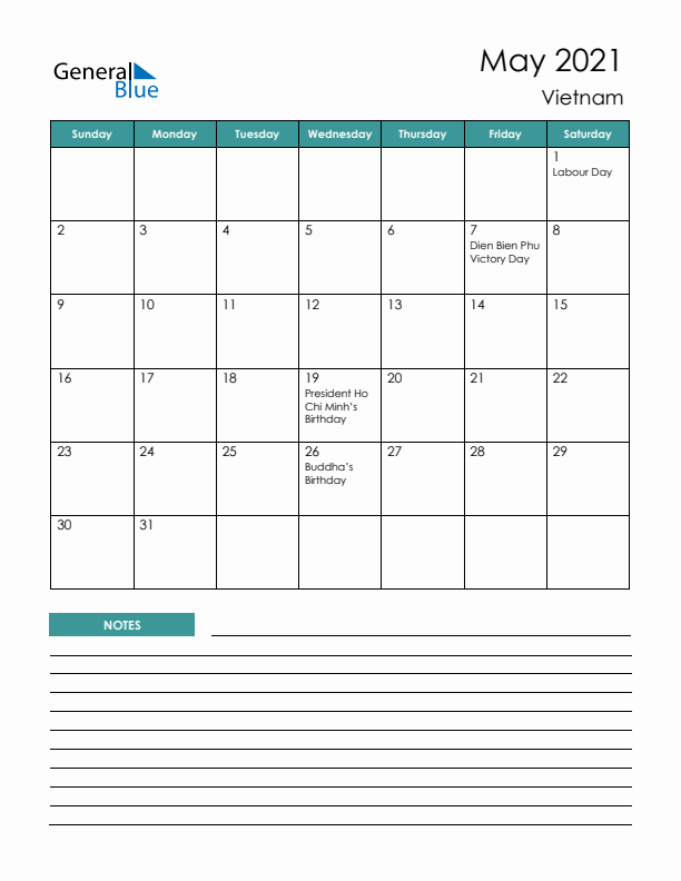 Calendar with Notes Printable - Sunday Start