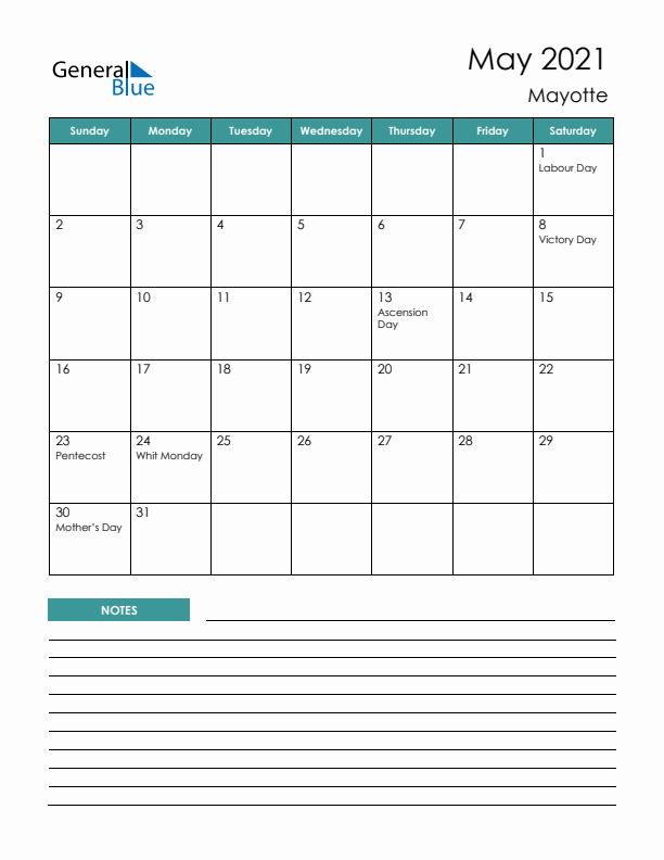 Calendar with Notes Printable - Sunday Start