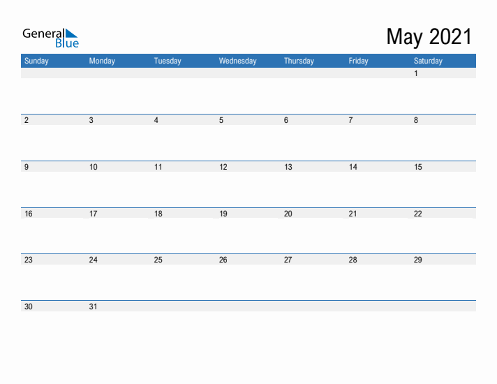 Fillable Calendar for May 2021