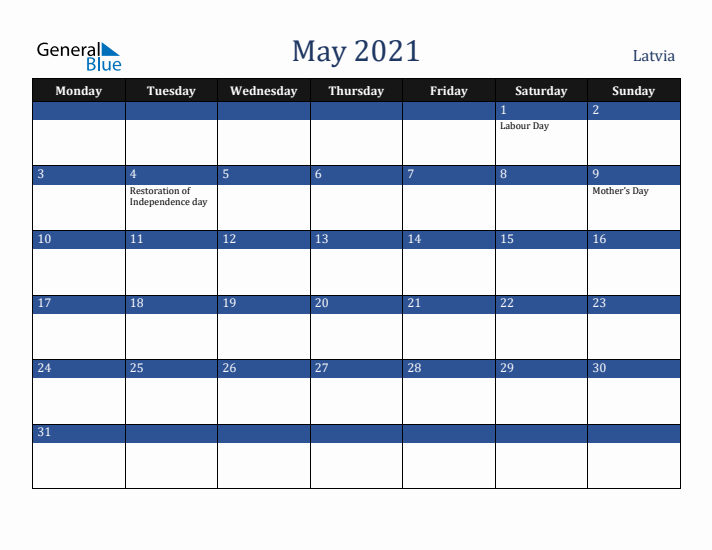 May 2021 Latvia Calendar (Monday Start)