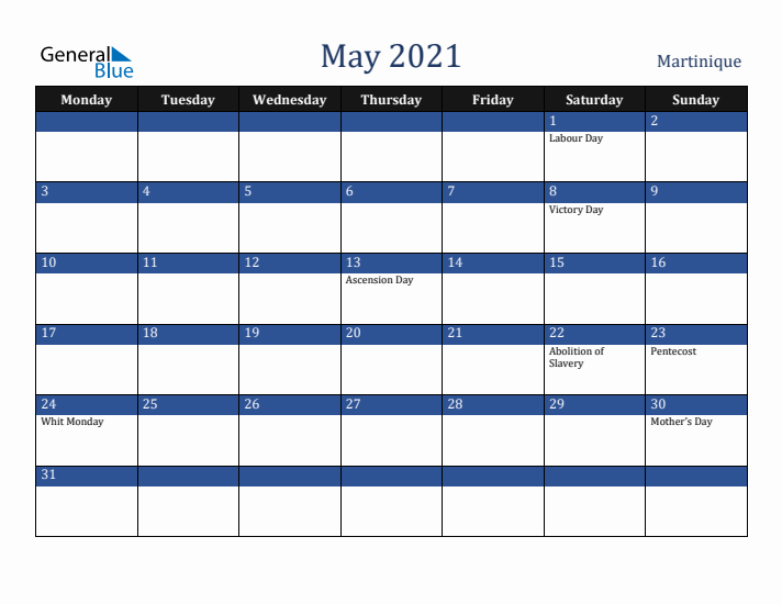 May 2021 Martinique Calendar (Monday Start)