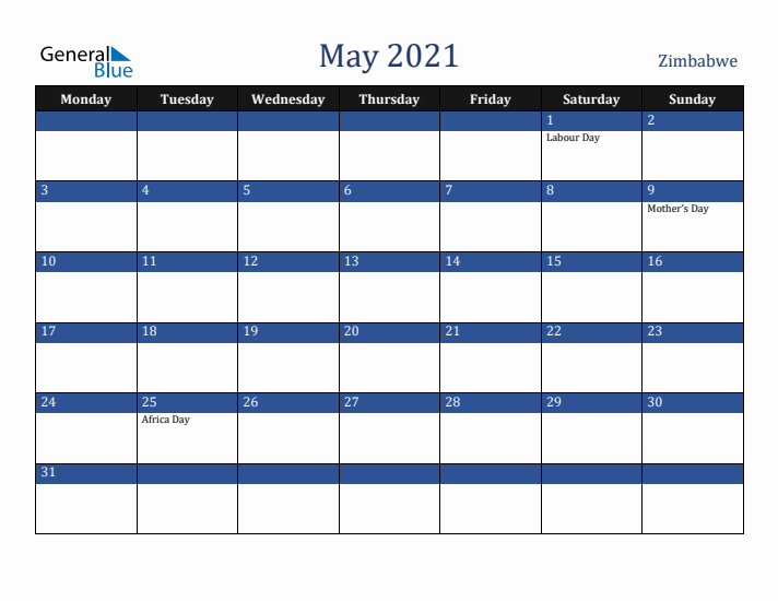 May 2021 Zimbabwe Calendar (Monday Start)