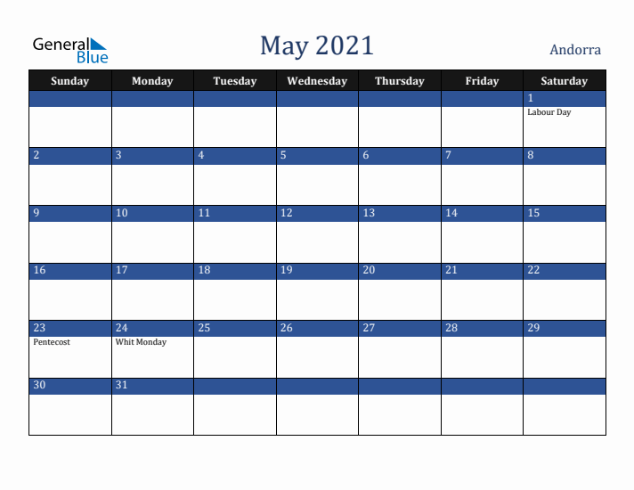 May 2021 Andorra Calendar (Sunday Start)