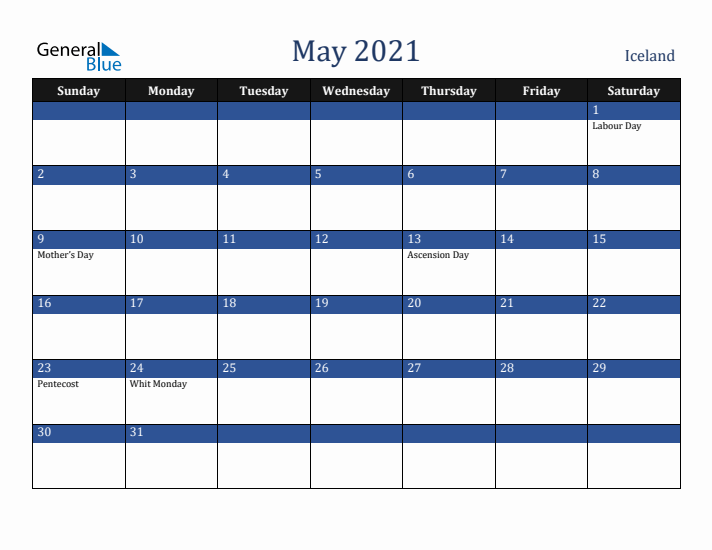 May 2021 Iceland Calendar (Sunday Start)