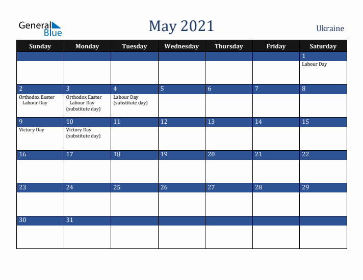 May 2021 Ukraine Calendar (Sunday Start)