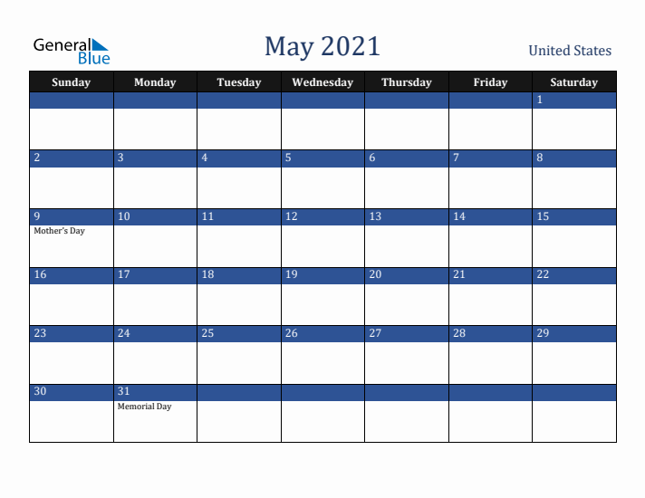 May 2021 United States Calendar (Sunday Start)