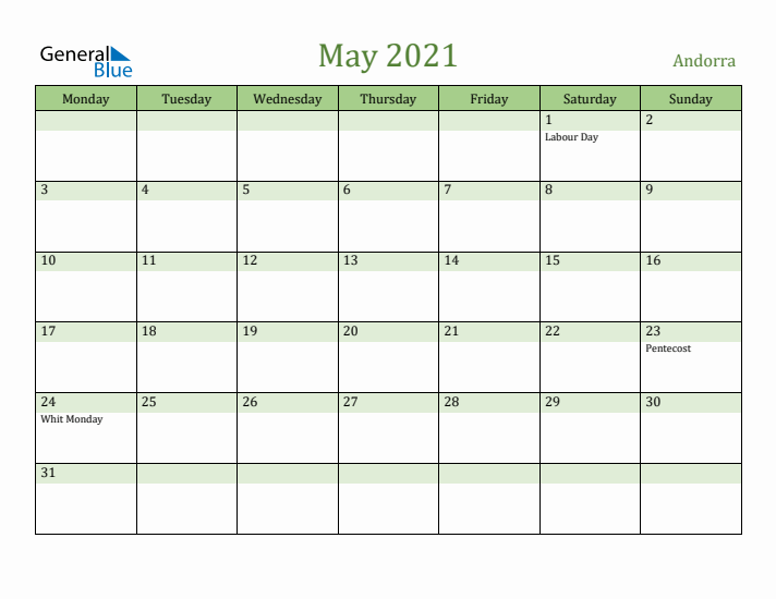 May 2021 Calendar with Andorra Holidays