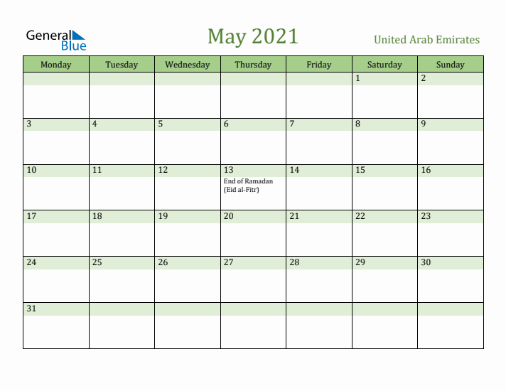 May 2021 Calendar with United Arab Emirates Holidays