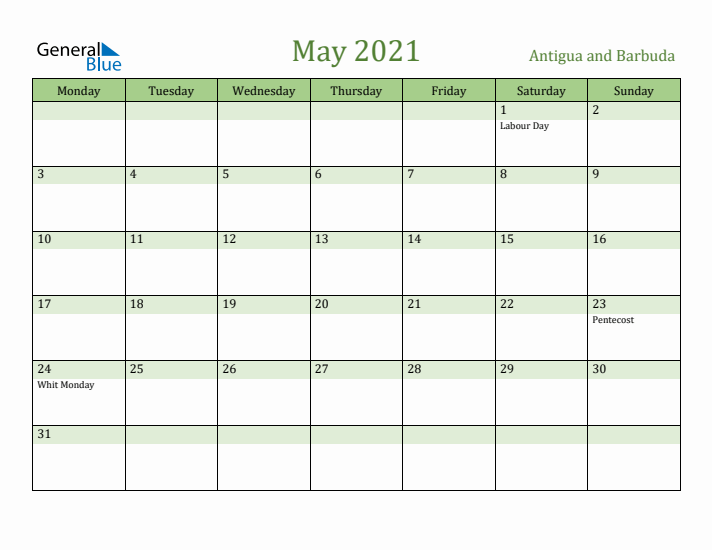 May 2021 Calendar with Antigua and Barbuda Holidays