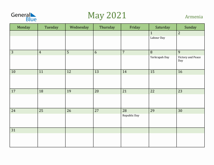 May 2021 Calendar with Armenia Holidays