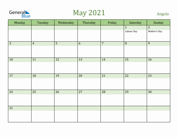 May 2021 Calendar with Angola Holidays