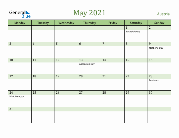 May 2021 Calendar with Austria Holidays