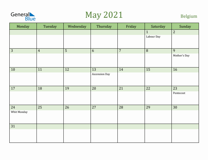 May 2021 Calendar with Belgium Holidays