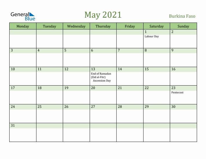 May 2021 Calendar with Burkina Faso Holidays