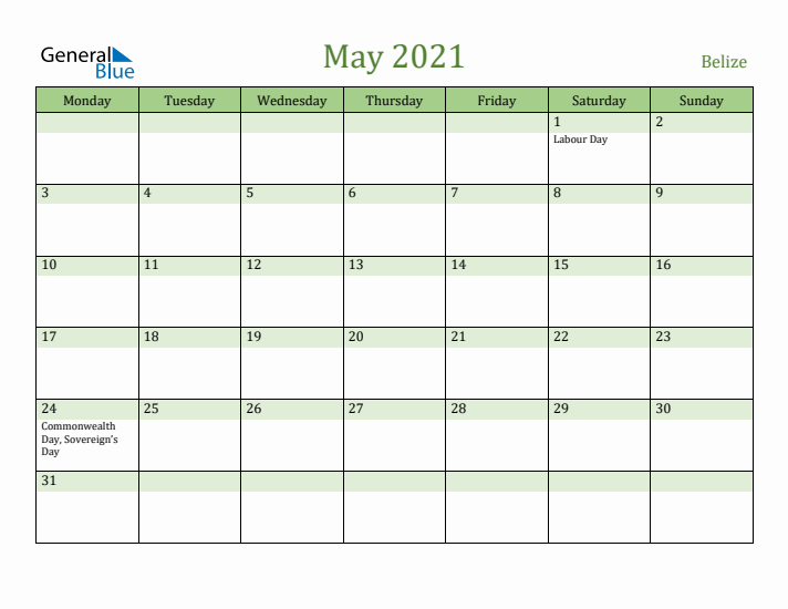 May 2021 Calendar with Belize Holidays