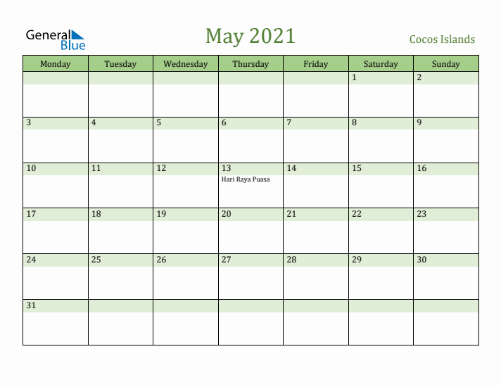 May 2021 Calendar with Cocos Islands Holidays