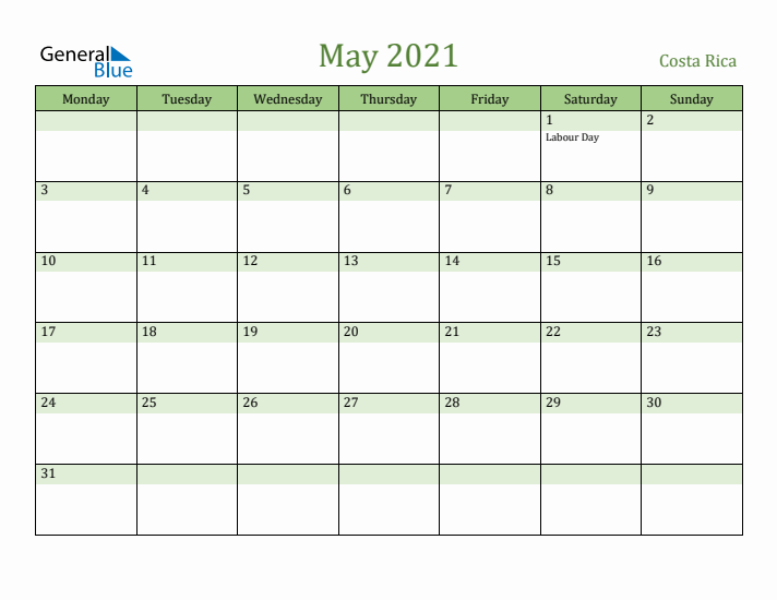 May 2021 Calendar with Costa Rica Holidays