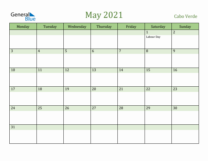 May 2021 Calendar with Cabo Verde Holidays