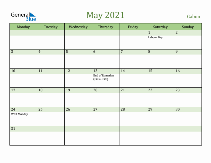 May 2021 Calendar with Gabon Holidays