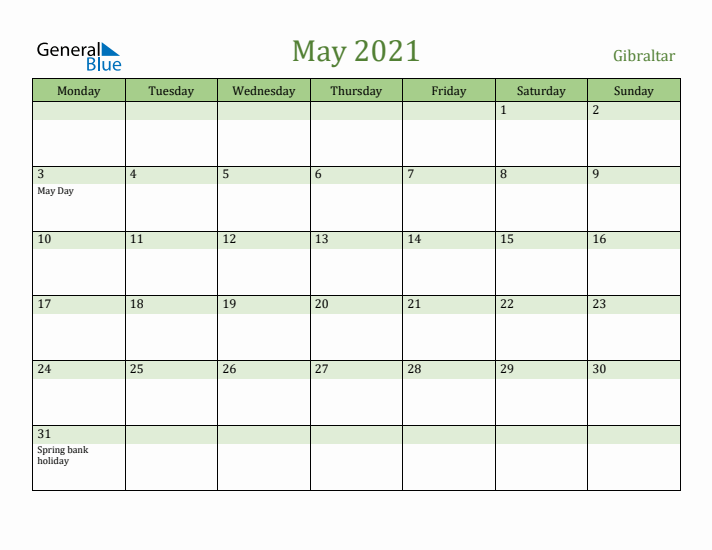 May 2021 Calendar with Gibraltar Holidays