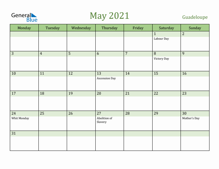 May 2021 Calendar with Guadeloupe Holidays