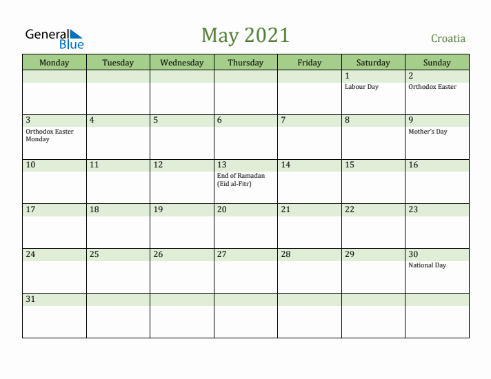 May 2021 Calendar with Croatia Holidays