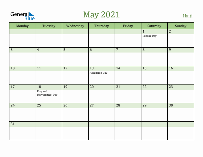 May 2021 Calendar with Haiti Holidays