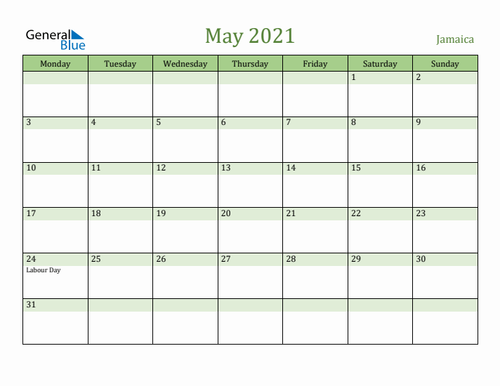 May 2021 Calendar with Jamaica Holidays