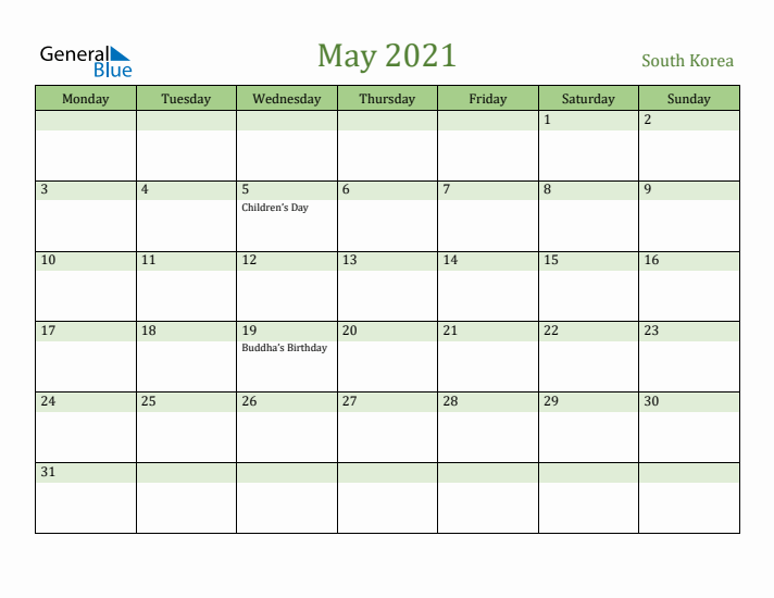 May 2021 Calendar with South Korea Holidays