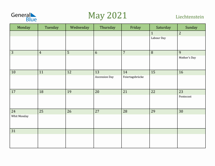 May 2021 Calendar with Liechtenstein Holidays