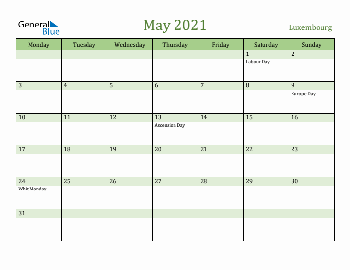 May 2021 Calendar with Luxembourg Holidays