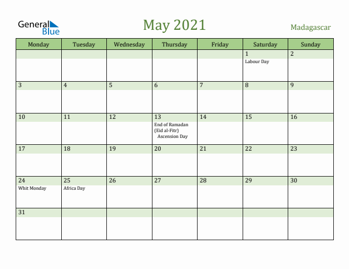 May 2021 Calendar with Madagascar Holidays