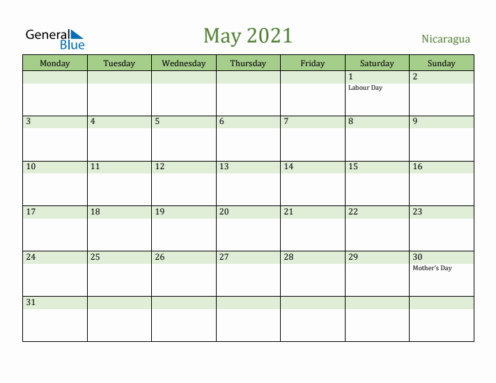 May 2021 Calendar with Nicaragua Holidays