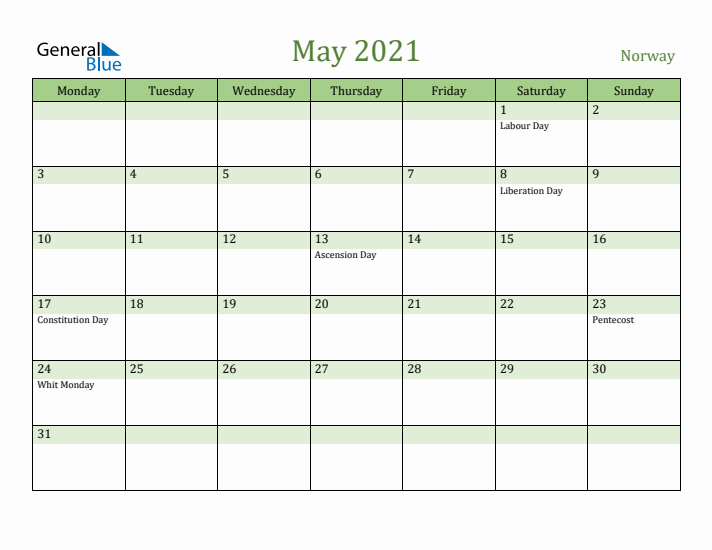 May 2021 Calendar with Norway Holidays