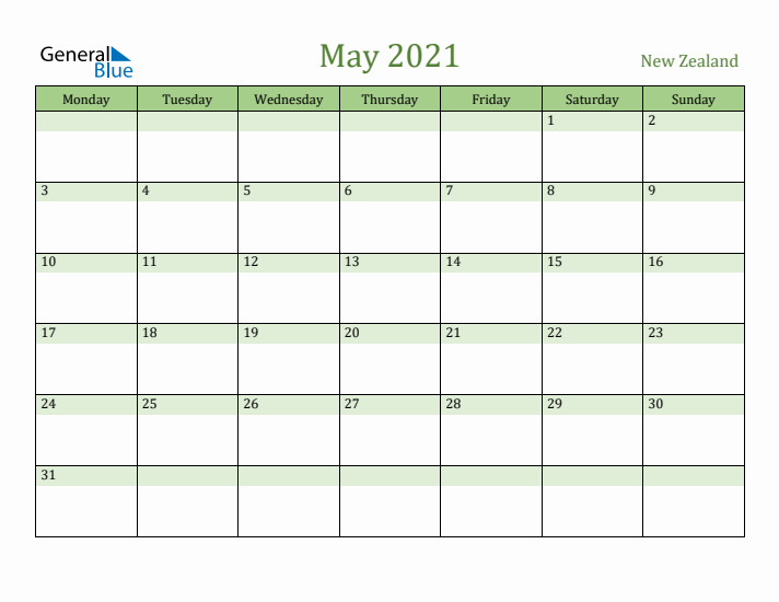 May 2021 Calendar with New Zealand Holidays