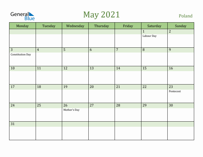 May 2021 Calendar with Poland Holidays