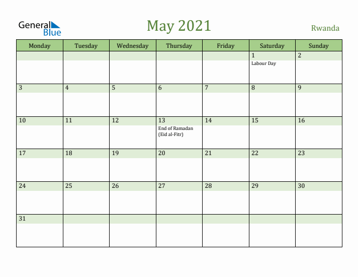 May 2021 Calendar with Rwanda Holidays