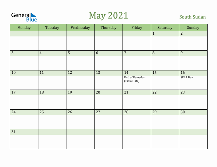 May 2021 Calendar with South Sudan Holidays