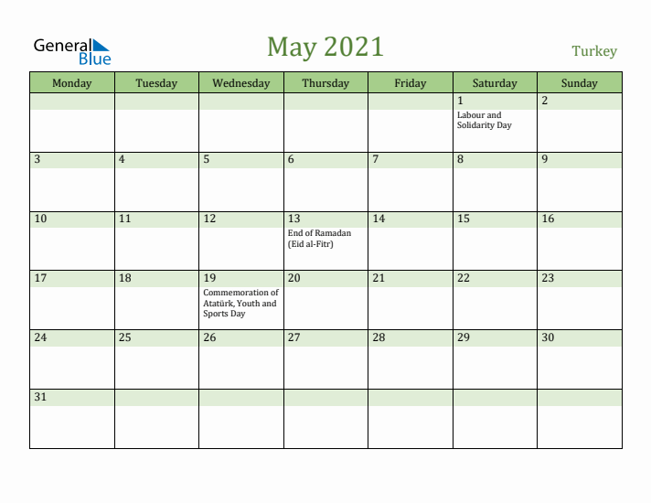 May 2021 Calendar with Turkey Holidays