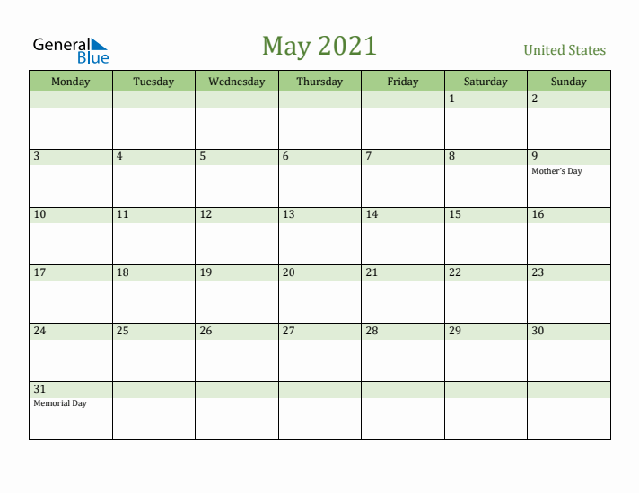 May 2021 Calendar with United States Holidays