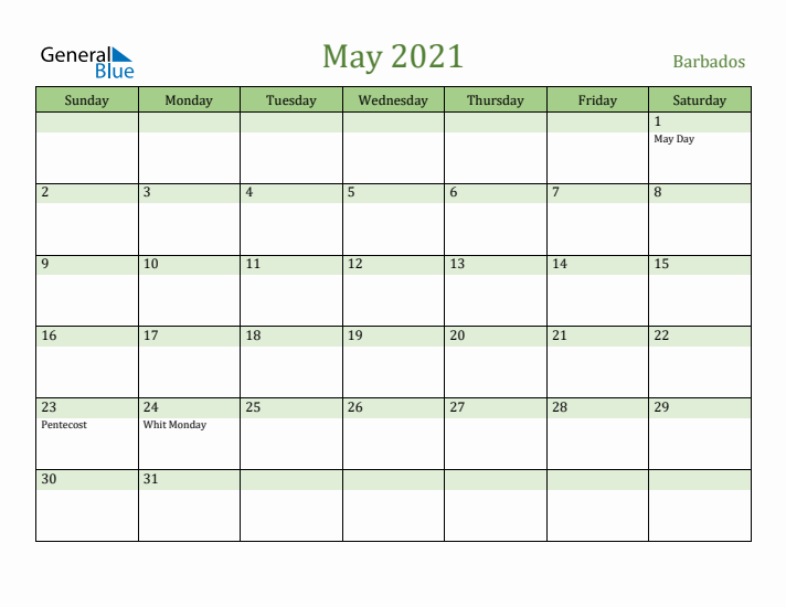 May 2021 Calendar with Barbados Holidays