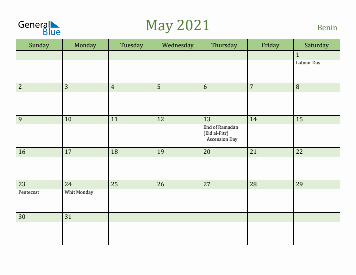 May 2021 Calendar with Benin Holidays